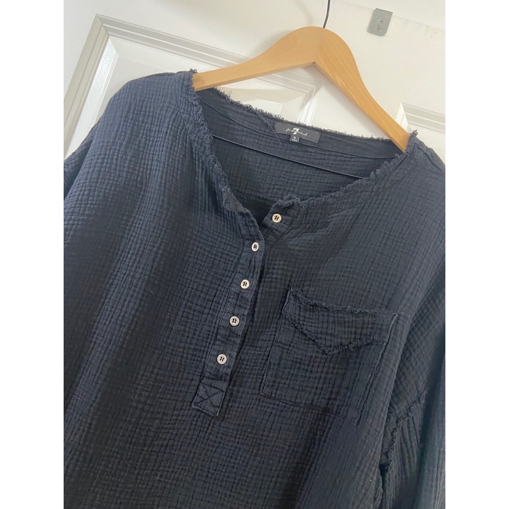 7 For All Mankind Black Double Gauze Cotton Frayed Henley Small quiet luxury raw